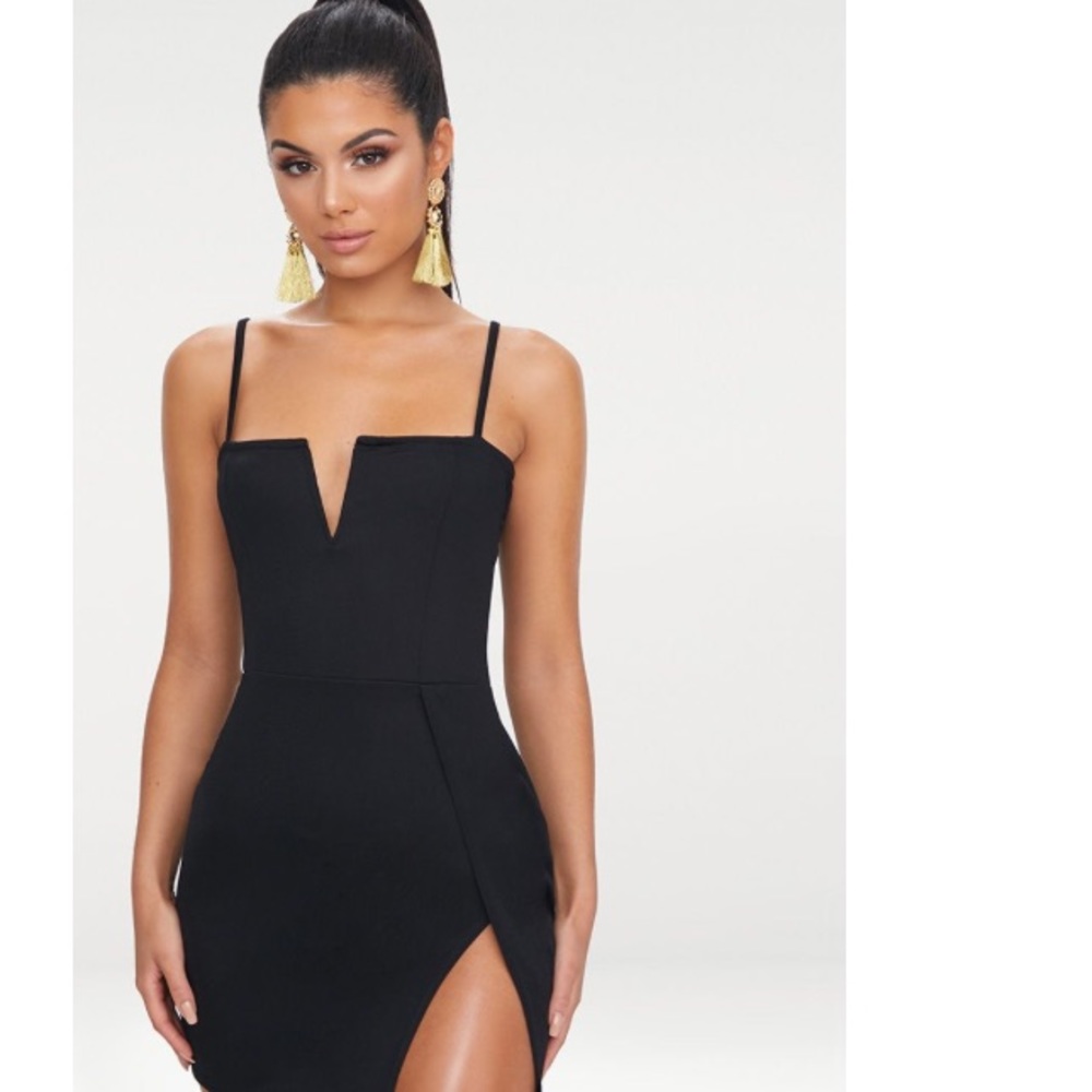 Black Extreme Thigh Split Plunge Bodycon Dress